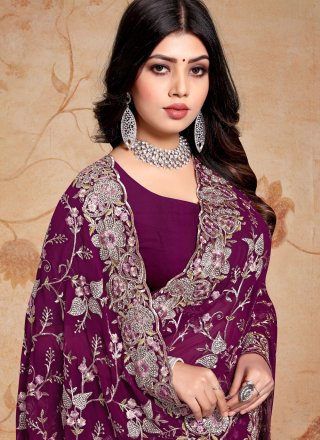 Wine Georgette Diamond, Embroidered and Resham Work Classic Saree for Engagement