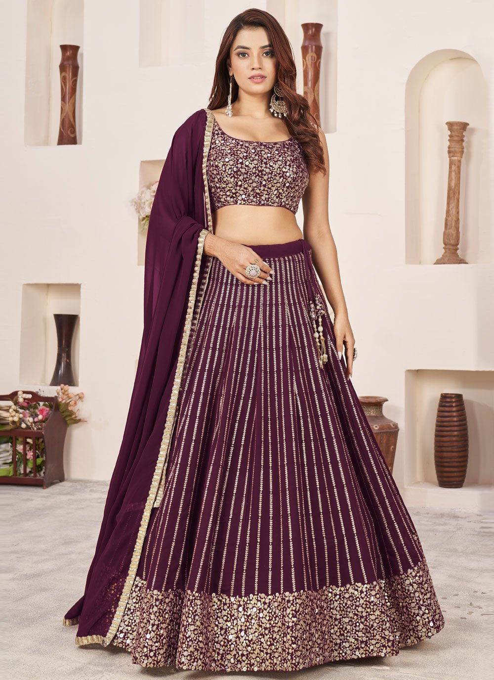 Buy Online Wine Georgette Embroidered and Sequins Work Lehenga