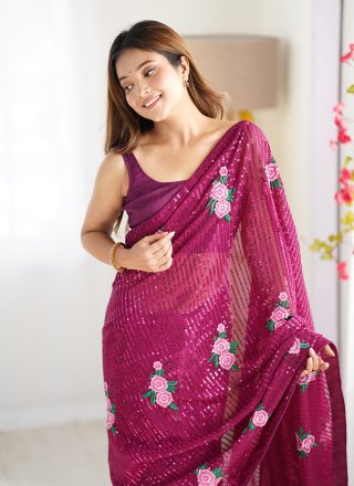 Wine Georgette Embroidered, Sequins and Thread Work Contemporary Saree