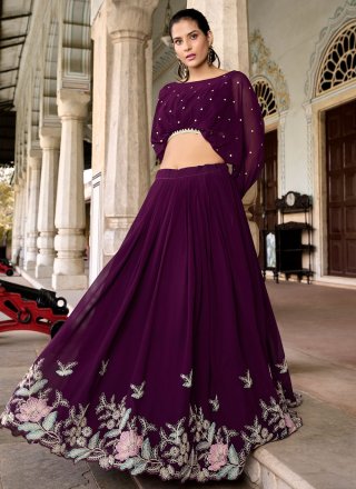 Wine Georgette Embroidered, Sequins and Thread Work Readymade Lehenga Choli for Ceremonial