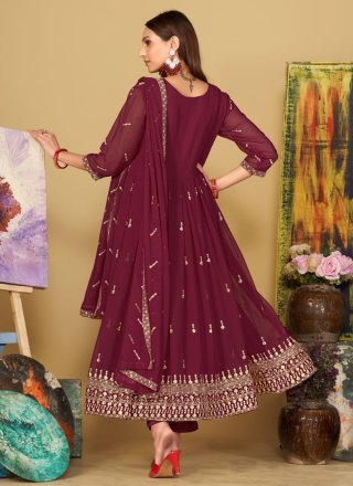 Wine Georgette Embroidered Work Trendy Suit