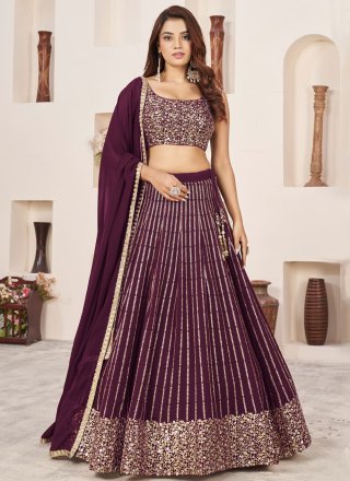 Wine Georgette Lehenga Choli with Embroidered, Sequins and Zari Work for Women
