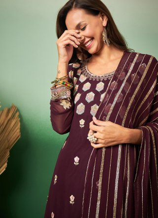 Wine Georgette Palazzo Salwar Suit with Embroidered, Hand and Sequins Work for Ceremonial