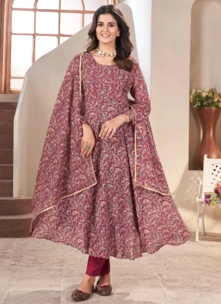 Wine Georgette Salwar Suit with Patch Border, Lace and Print Work for Women