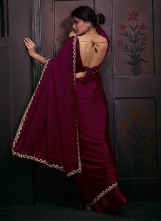 Wine Georgette Satin Hand and Zircon Work Classic Sari