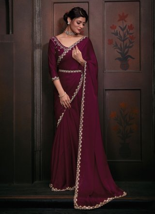 Wine Georgette Satin Hand and Zircon Work Classic Sari