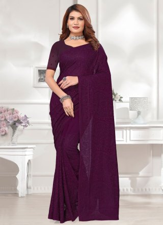 Wine Georgette Trendy Saree with Embroidered and Resham Work for Women