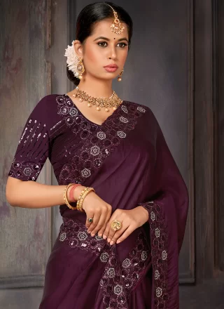 Wine Georgette Trendy Saree with Embroidered and Sequins Work for Women