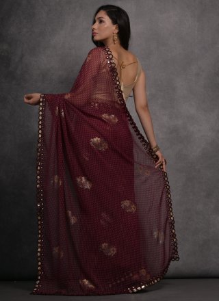 Wine Georgette Trendy Saree with Patch Border Work