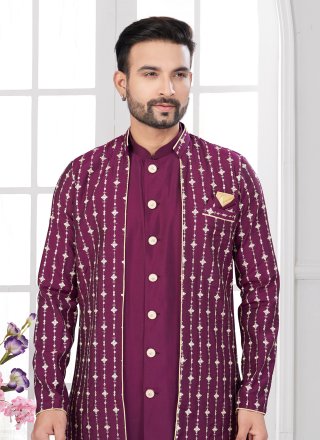 Wine Imported Buttons, Machine Embroidery and Thread Work Sherwani Mens Wear