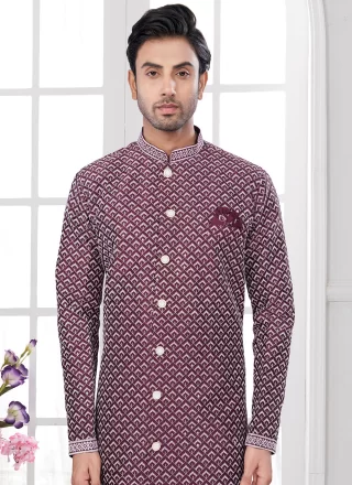 Wine Imported Buttons, Machine Embroidery, Stone and Thread Work Indo Western Sherwani for Ceremonial