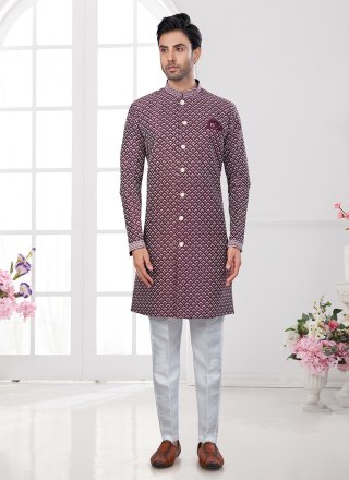 Wine Imported Buttons, Machine Embroidery, Stone and Thread Work Indo Western Sherwani for Ceremonial
