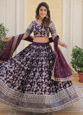 Wine Jacquard Embroidered and Sequins Work Lehenga Choli for Ceremonial