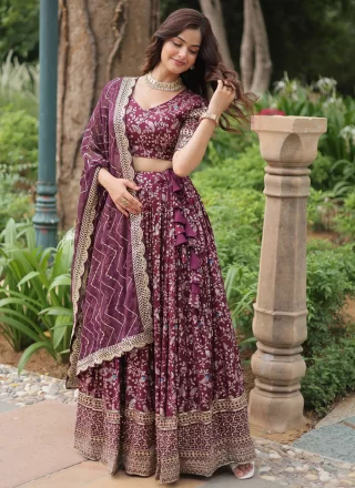 Wine Jacquard Lehenga Choli with Embroidered, Sequins, Thread and Zari Work for Ceremonial