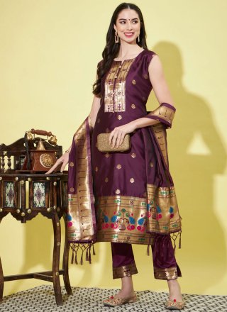 Wine Jacquard Work Cotton Silk Salwar Suit