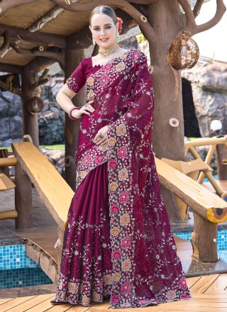 Wine JIMMY CHU Embroidered, Resham and Swarovski Work Contemporary Sari for Women