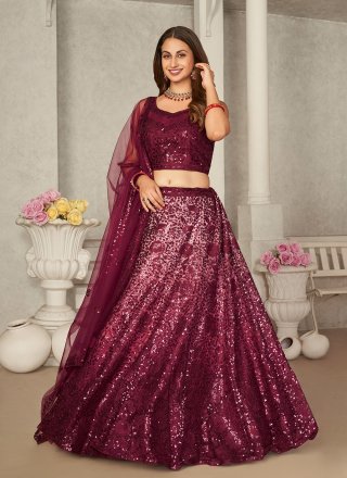 Wine Net A - Line Lehenga Choli with Embroidered, Resham Thread and Sequins Work for Women