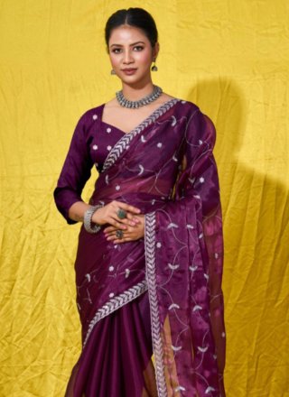 Wine Net Classic Saree with Embroidered Work for Ceremonial