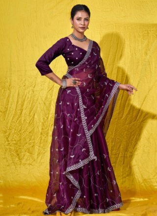 Wine Net Classic Saree with Embroidered Work for Ceremonial
