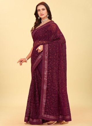 Wine Net Dimond, Embroidered, Mirror, Stone and Thread Work Classic Saree