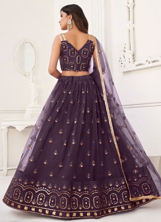 Wine Net Lehenga Choli with Embroidered, Sequins and Thread Work