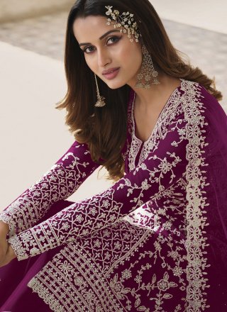 Wine Net Salwar Suit with Embroidered Work