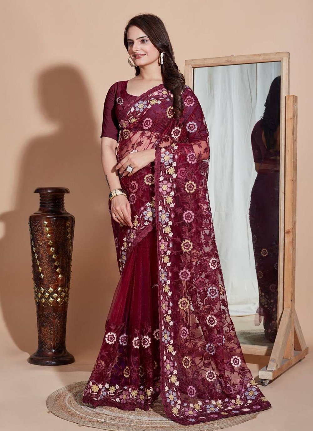 Wine red colour wedding on sale saree