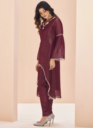 Wine Organza Casual Kurti with Embroidered Work for Women