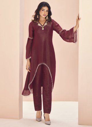 Wine Organza Casual Kurti with Embroidered Work for Women