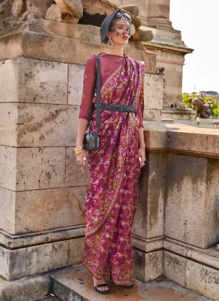 Wine Organza Classic Saree with Weaving Work for Casual