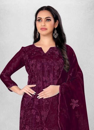 Wine Organza Embroidered Work Churidar Suit