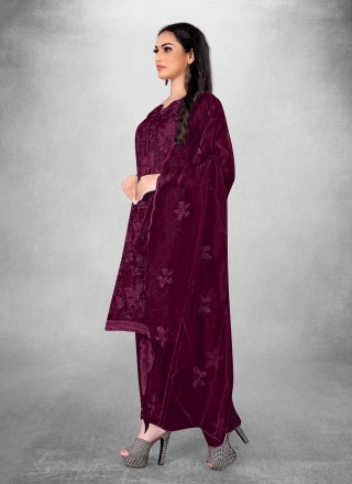 Wine Organza Embroidered Work Churidar Suit