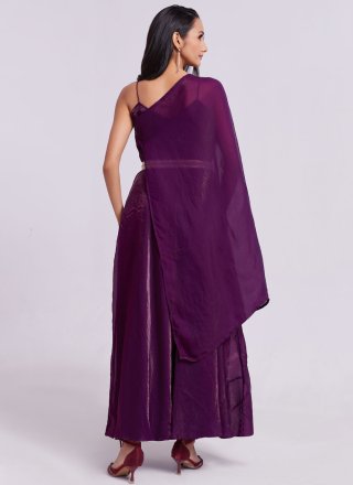 Wine Organza Plain Work Gown for Ceremonial