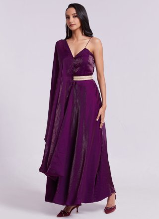 Wine Organza Plain Work Gown for Ceremonial