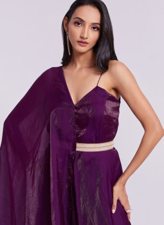 Wine Organza Plain Work Gown for Ceremonial