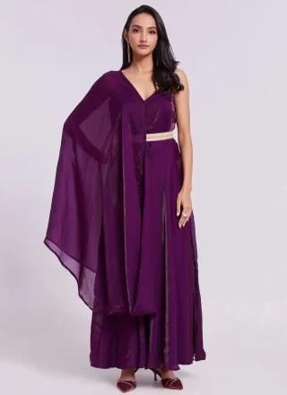Wine Organza Plain Work Gown for Ceremonial