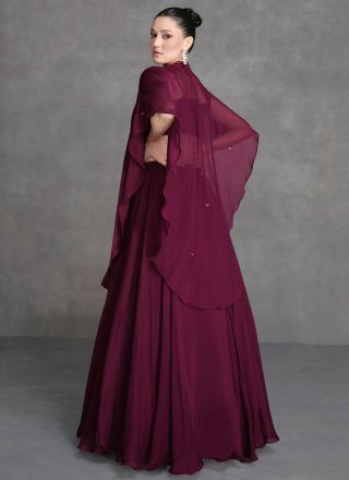 Wine Organza Plain Work Readymade Lehenga Choli