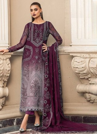 Wine Organza Salwar Suit with Embroidered Work
