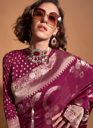 Wine Pure Georgette Classic Saree with Weaving Work
