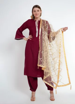 Wine Rayon Lace Work Salwar Suit