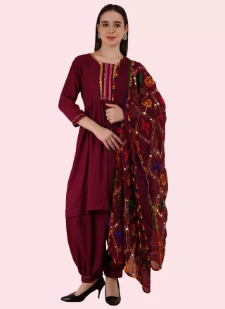 Wine Rayon Lace Work Salwar Suit for Casual