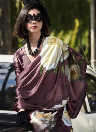 Wine Satin Abstract Print Work Classic Sari for Casual
