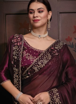 Wine Satin Classic Saree with Diamond, Embroidered, Sequins and Zircon Work for Ceremonial