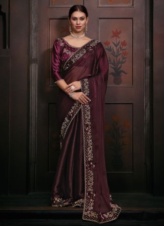 Wine Satin Classic Saree with Diamond, Embroidered, Sequins and Zircon Work for Ceremonial