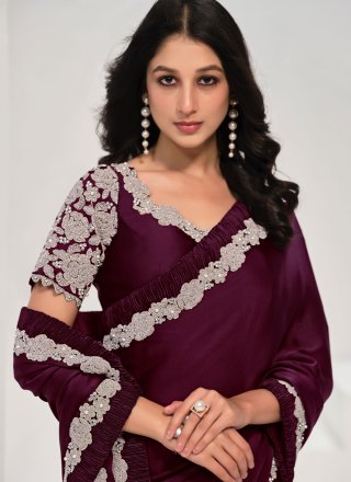 Wine Satin Silk Patch Border, Lace and Moti Work Trendy Saree