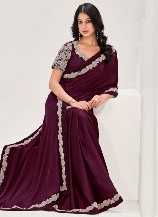 Wine Satin Silk Patch Border, Lace and Moti Work Trendy Saree