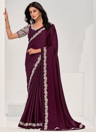 Wine Satin Silk Patch Border, Lace and Moti Work Trendy Saree