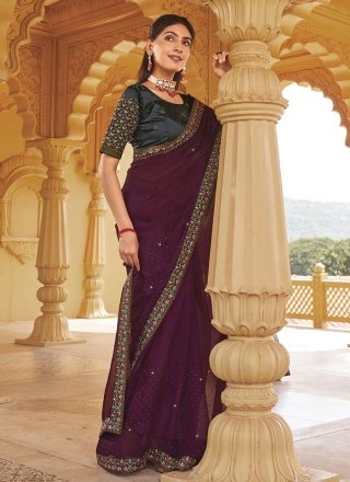 Wine Embroidered Ruffled Saree With Belt