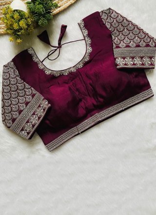 Wine Silk Blouse with Embroidered Work