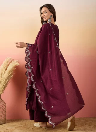 Wine Silk Embroidered, Thread and Woven Work Salwar Suit for Festival